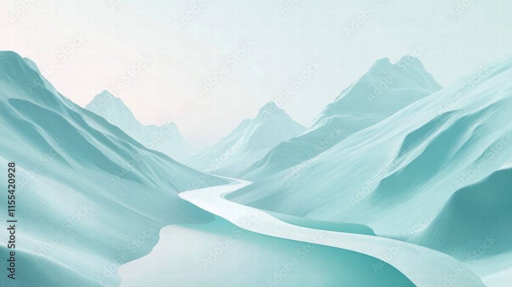 Aufkleber Misty mountain range with a winding river and minimalist copy space for personal messages and creative designs. Generative AI