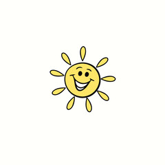 A cheerful vector illustration of a smiling yellow sun with a friendly face and radiating sun rays. The sun's playful expression conveys happiness and positivity, set against a plain, light background