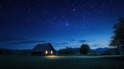 A quiet countryside hut lit softly under a sky full of shimmering stars in a tranquil setting