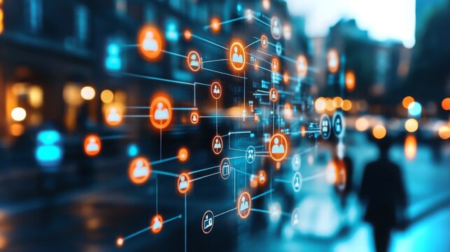 Dynamic urban environment showcasing digital connections and network interactions in 4k