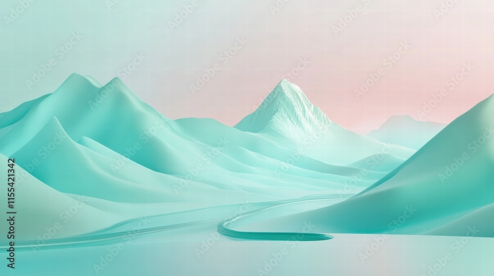 Aufkleber Winding river flows through a serene mountain range in a minimalist setting with ample space for text. Generative AI