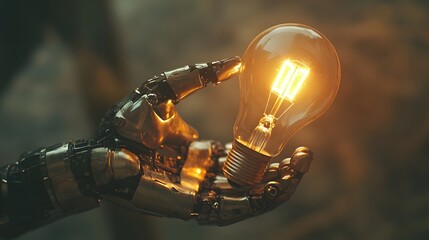 A Robotic Hand Holding a Glowing Light Bulb, Symbolizing Innovation, Technology Advancement, and Future Potential in Science and Industry
