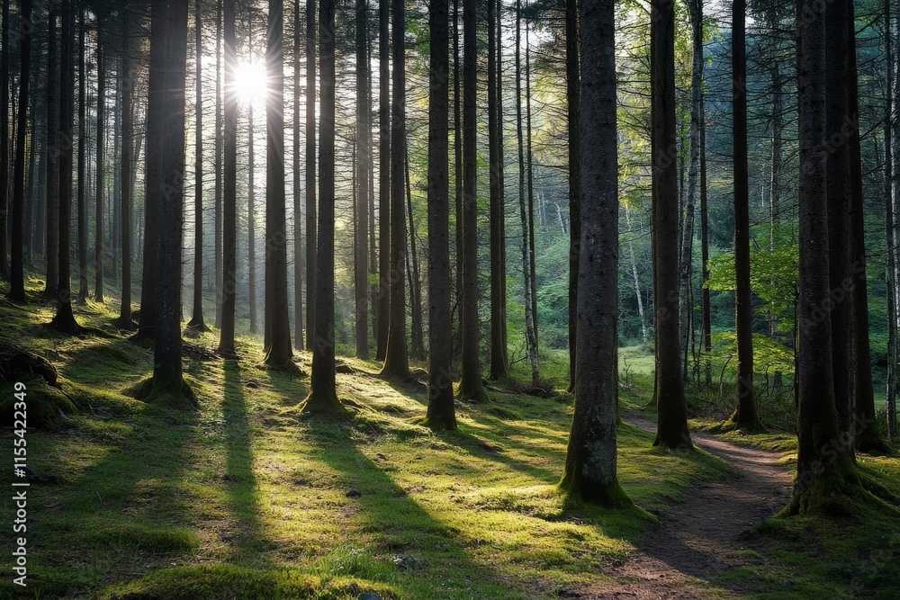 Poster A forest scene showing sunlight streaming through tall trees, casting long shadows on the lush green forest floor, creating a serene and calming atmosphere.