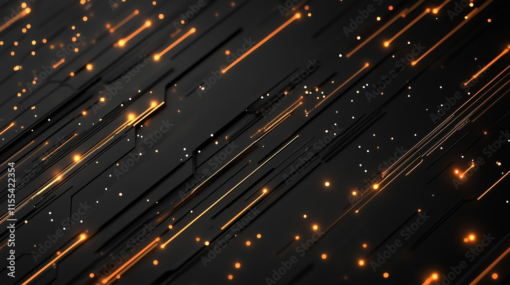 Poster abstract pattern of glowing lines and dots creating dynamic movement in a dark background