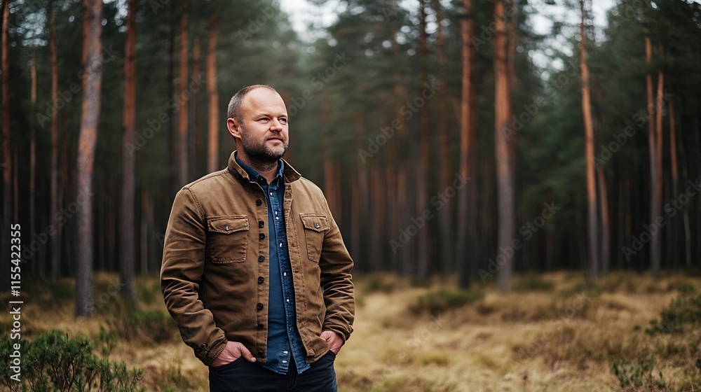 Poster handsome man standing in open forest clearing surrounded by tall pines in casual outdoor attire : ge