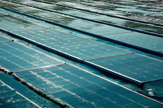 An array of reflective solar panels uniformly arranged, capturing bright sunlight efficiently on a large solar farm, showcasing sustainable renewable energy technology.