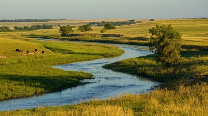 Serene River Winding Through Lush Meadowland