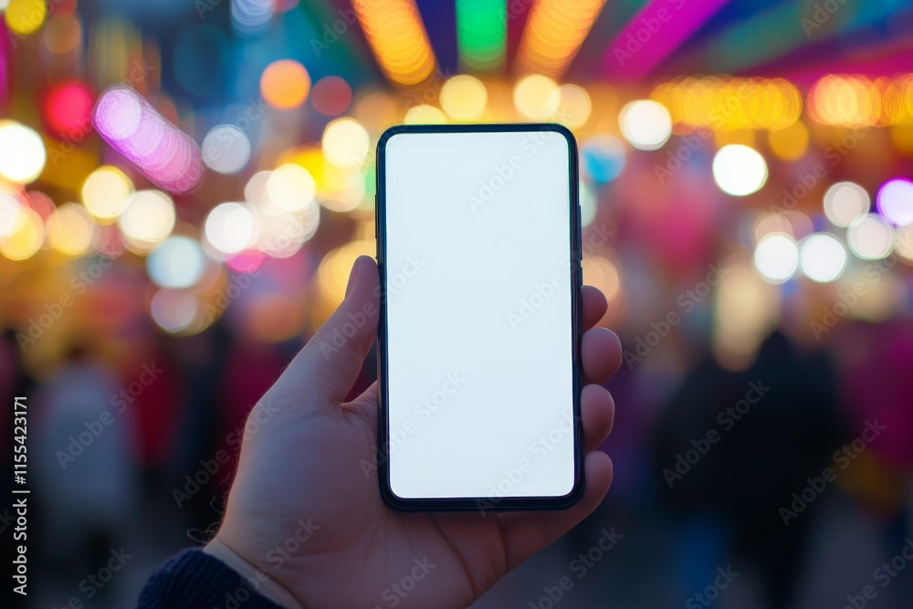 Poster a close-up shot of a hand holding a smartphone with a blank screen over a background of colorful out