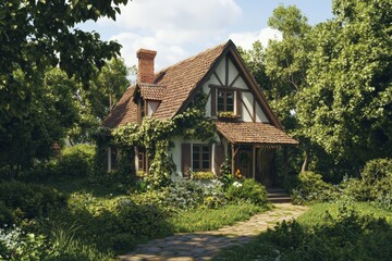 Fototapeta premium A rustic cottage set amid a verdant garden of dense greenery and blooming flowers, evoking notions of nature, seclusion, and traditional, simple living essence.