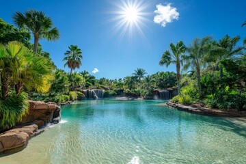 A vibrant tropical lagoon, featuring crystal-clear waters surrounded by lush greenery and palm trees, with cascading waterfalls under a bright sun, evokes relaxation.