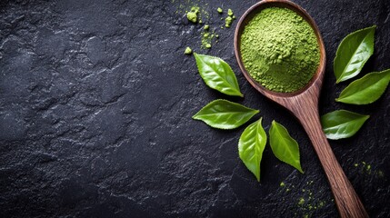 Wooden spoon filled with matcha green tea powder, surrounded by fresh tea leaves on a dark stone background.