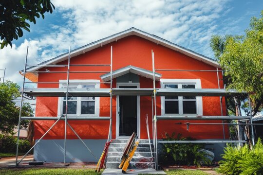 The bright orange home is under renovation with scaffolding erected around it, surrounded by lush green plants, highlighting transformation and renewal processes.
