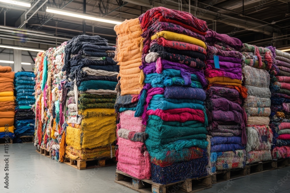 Poster A vibrant array of textile stacks in different colors is meticulously arranged on pallets, showcasing an abundance of textures and hues, suggesting creative possibilities.