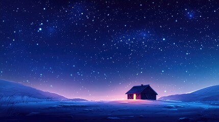 A serene landscape with a lone hut beneath a breathtaking expanse of stars on a calm night