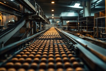 A high-tech food processing factory line with rows of fresh eggs moving on a conveyor belt under warm lighting, illustrating modern agricultural automation.