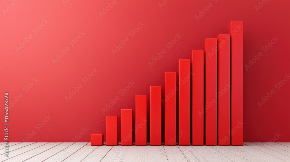 Poster 3d render illustration of a red graph showing positive growth on a red background and a white floor