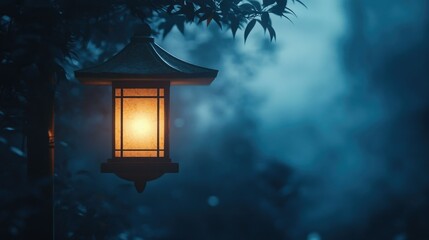 A serene nightscape featuring a glowing lantern, its warm light piercing through a bluish haze.