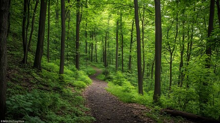 Obraz premium Tranquil Forest Walking Pathway Surrounded by Verdant Greenery and Tall Straight Trees : Generative AI
