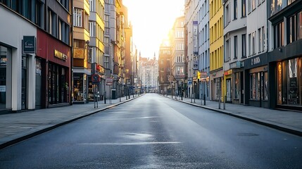 Obraz premium Deserted Urban Street in City Center with Tall Buildings and Early Morning Sunlight : Generative AI