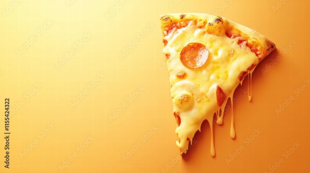 Poster delicious pizza slice with cheese drips and vibrant toppings on a minimalist background. generative 