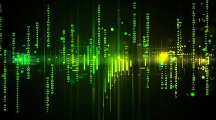 Obraz premium Glowing green binary code streams with light effects, representing futuristic data flow and digital innovation in a vibrant abstract design.