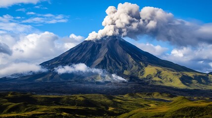 Fototapeta premium Volcanic Eruption with Ash Plume and Lush Green Landscape in View : Generative AI