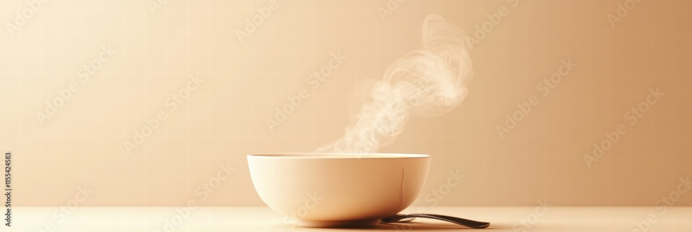 Poster Delicious soup steaming in a minimalist bowl with a spoon on a warm, neutral background. Generative AI