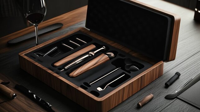 A wooden box containing various elegant tools for wine service and tasting.