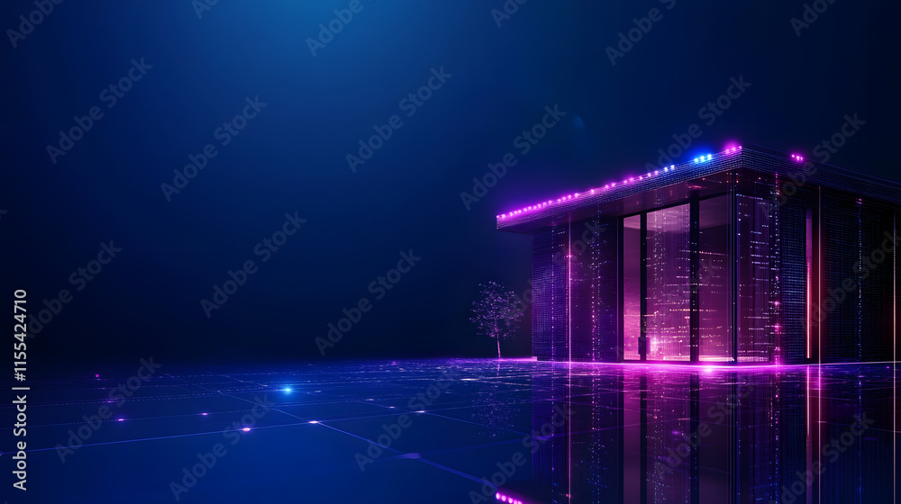 Poster futuristic building illuminated with neon lights against a dark background