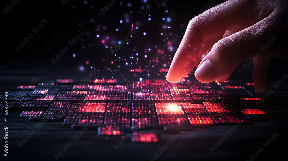 Poster a hand interacting with glowing digital elements on a dark background
