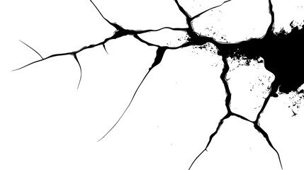 Black cracks and gaping hole. Cracked surface. Grunge texture of branched lines on white background. Broken wall, fissures in ground or concrete. Vector illustration of damage.