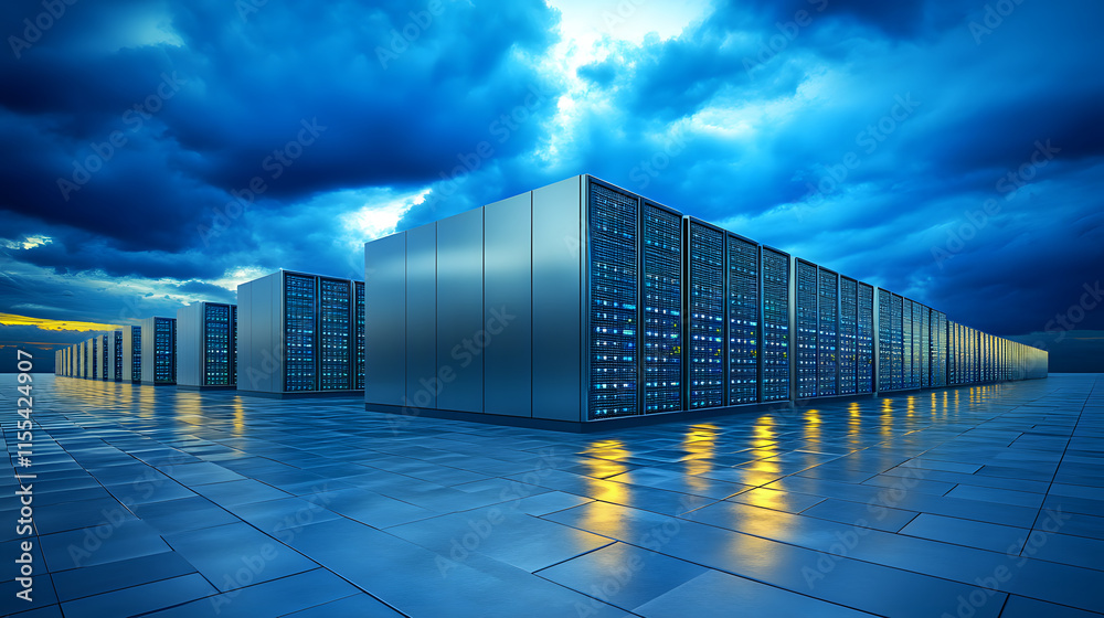 Poster modern data center under dramatic skies with reflective surfaces and rows of servers