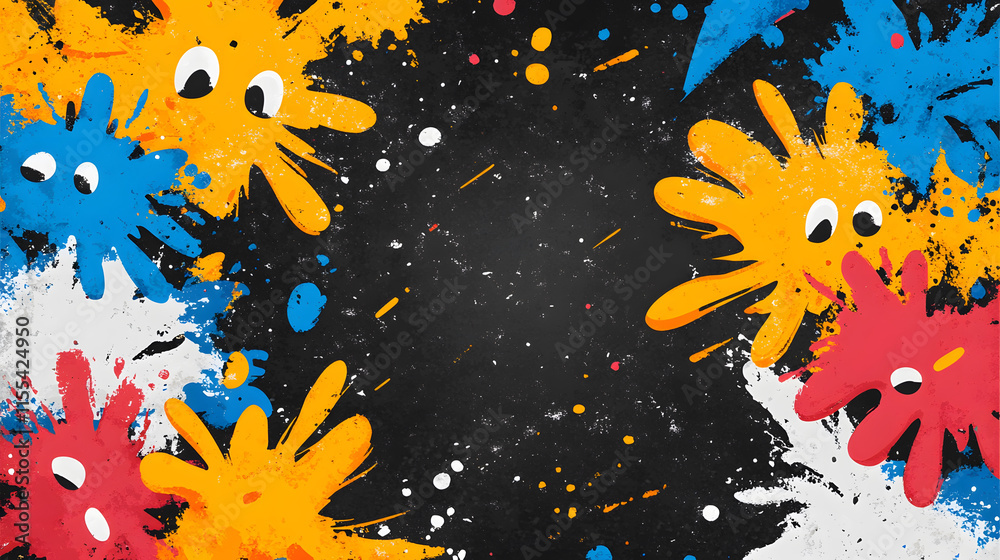 Poster colorful splashes and playful shapes frame a dark center, creating a vibrant artistic background
