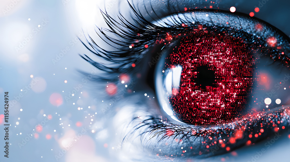 Poster a mesmerizing close-up of a sparkling eye with red glitter and a dreamy background