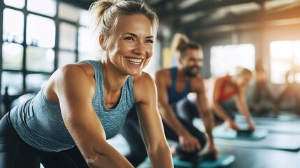 Fototapeta premium Smiling Active Woman Enjoying Intensive Group Fitness Class in Modern Gym Environment : Generative AI