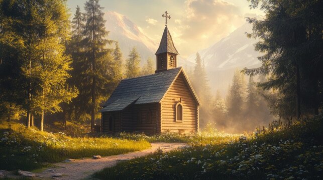 A simple wooden church in a remote village, radiating warmth and tranquility