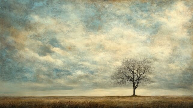 A single leafless tree in an open field under a vast, textured winter sky filled with soft clouds - Powered by Adobe
