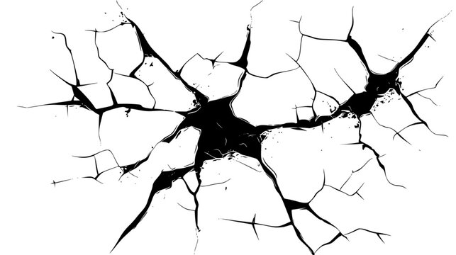 Black cracks with hole in center on white surface. Broken damaged wall, fissures in ground or concrete. Breakage and destruction. Vector texture with many cracks and scratches for poster or cover.