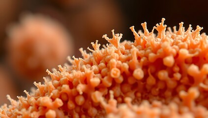 Closeup of orange fungal structures resembling tiny crowns