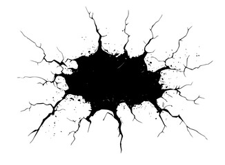 Black hole surrounded by cracks. Cracked surface on white background. Cracks from natural disasters or explosion, earthquakes or drought. Vector illustration of damage.