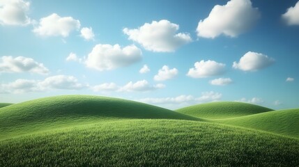 Naklejka premium Serene Rolling Green Hills Under a Blue Sky with Fluffy White Clouds Perfect for Nature Theme Backgrounds or Relaxing Landscape Imagery