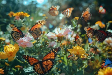 Colorful butterflies fluttering among vibrant flowers in a sunny garden during springtime