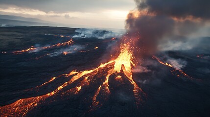 Fototapeta premium Dramatic Eruption Scene with Flowing Lava and Smoke at Sunset : Generative AI