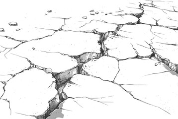 Deep cracks on dry ground surface. Gray lines cracked ground for abstract background. Broken and damaged surface. Vector texture with many cracks and scratches.