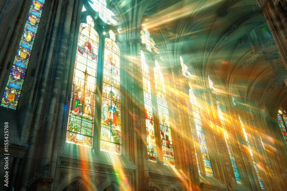 Poster light streams through stained glass windows in a grand hall during a serene afternoon, illuminating 