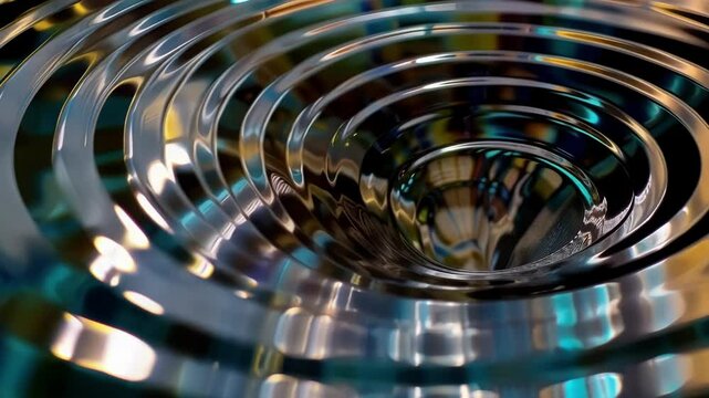 Distorted shapes cascading down spiraling water chutes.