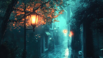 Obraz premium A softly glowing lantern hangs above a quiet street, lighting the scene with a peaceful bluish glow.