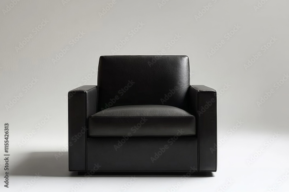 Poster a modern black armchair with clean lines and a minimalist design, placed against a simple gray backg