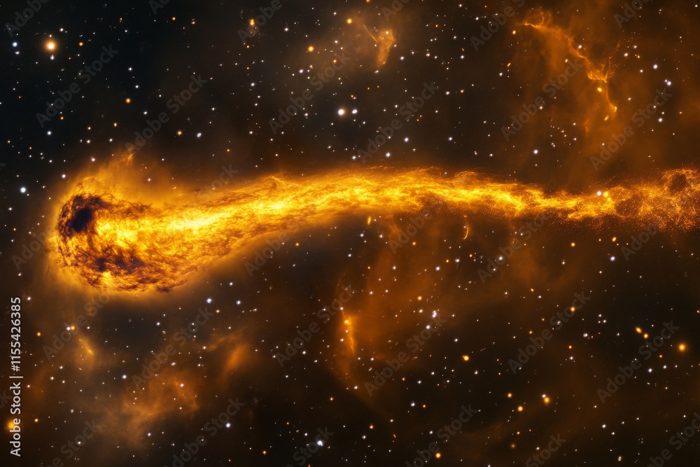 Poster A breathtaking image of a fiery cosmic entity with a glowing trail against a starry backdrop, showcasing the wonders and mysteries of the universe.