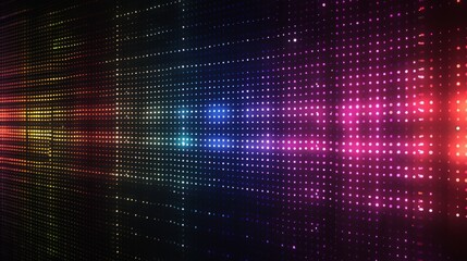 Vibrant illuminated binary code wall with rainbow-colored lights reflecting on a polished floor, showcasing futuristic digital technology and modern aesthetics.